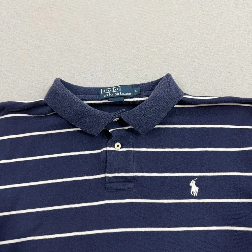 Vintage Polo Ralph Lauren Shirt Men's Large Navy Blue Striped Short Sleeve Pony